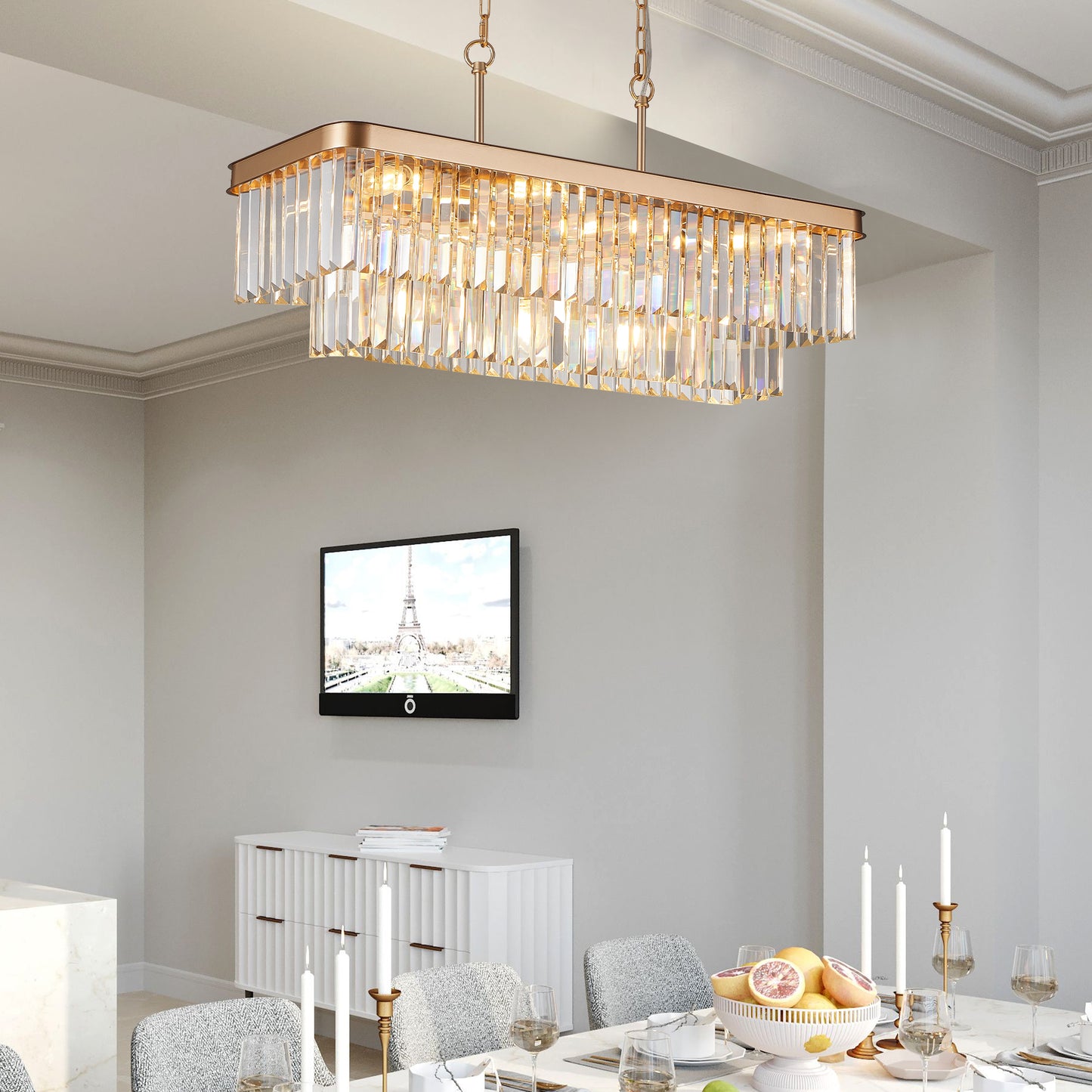 Chandeliers,Rectangular Crystal Chandelier Adjustable,E12 Modern Industrial Crystal Lights,Farmhouse Iron Ceiling Hanging Light For Kitchen Living Room Bedroom GoldBulb Not Included