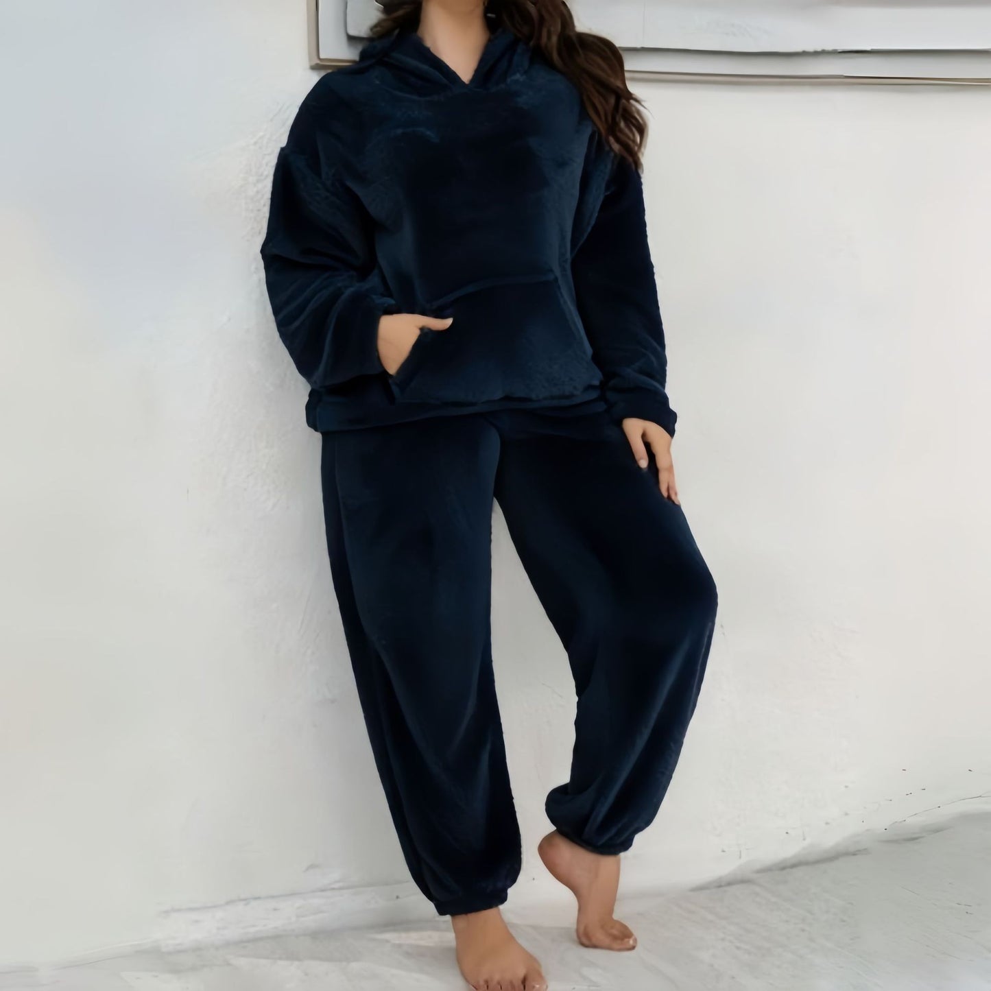 Hooded Long-sleeve Casual Pants With Patch Pockets Home Two-piece Set