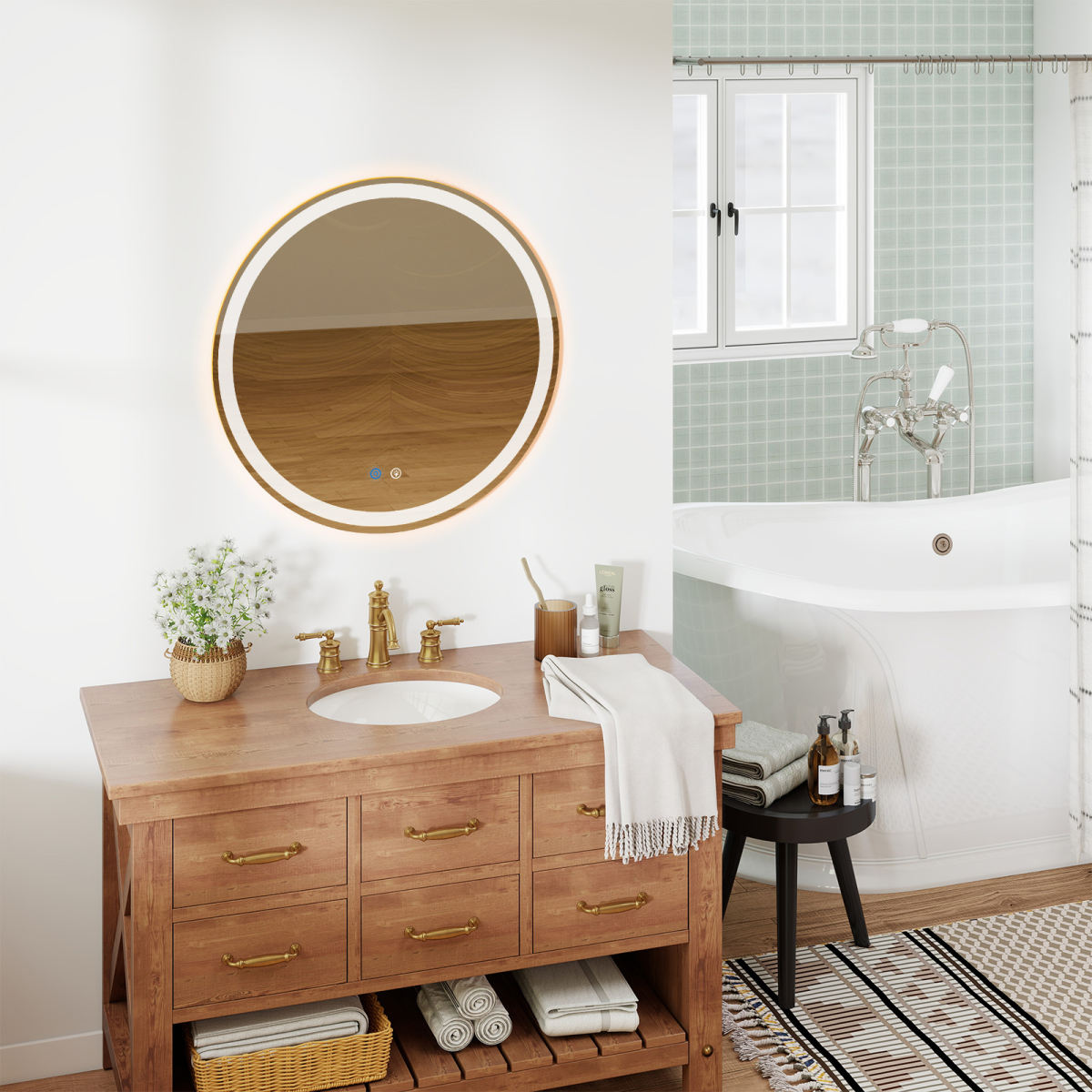 Smart Anti-fog LED Bathroom Mirror With Circular Dual Lights And 3-color Temperature Memory Dimming