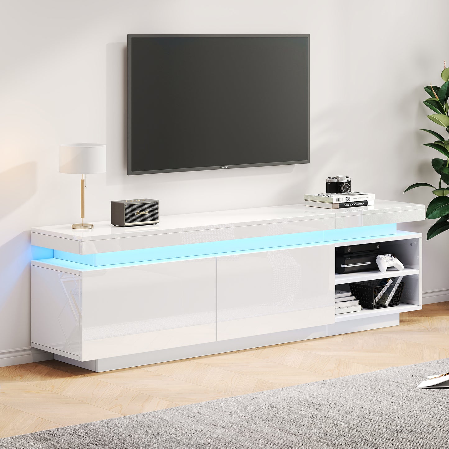 Modern Lowboard High Gloss TV Cabinet With LED Lighting, TV Board, TV Dresser, Suitable For 70 Inch TVs, Table, Universal Gaming Media Stand, Storage Cabinet And Large Storage Space, White