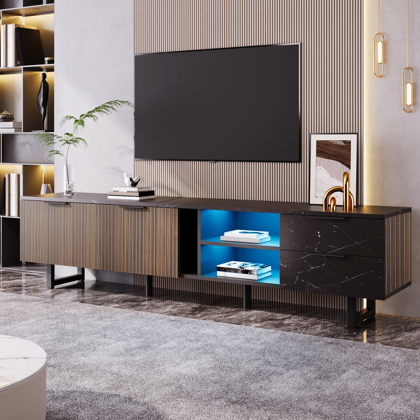 200cm TV Cabinet With Black Marble Look, Dark Wood Grain Doors, Adjustable LED Lighting, Two Doors And Two Drawers, Suitable For Robot Vacuum Cleaners