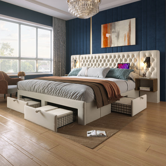 AB30260890B Bed System Bedroom Complete Set, Upholstered Bed Double Bed 160X200 Cm With 2 Bedside Tables And 4 Drawers, Headboard Reading Light With USB Charging Function, Beige, Velvet  Without Mat