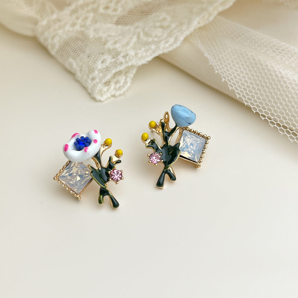 French Vintage Enamel Drip Flower Earrings - Premium Floral Stud Earrings, Elegant Retro Jewelry For Party Wear
