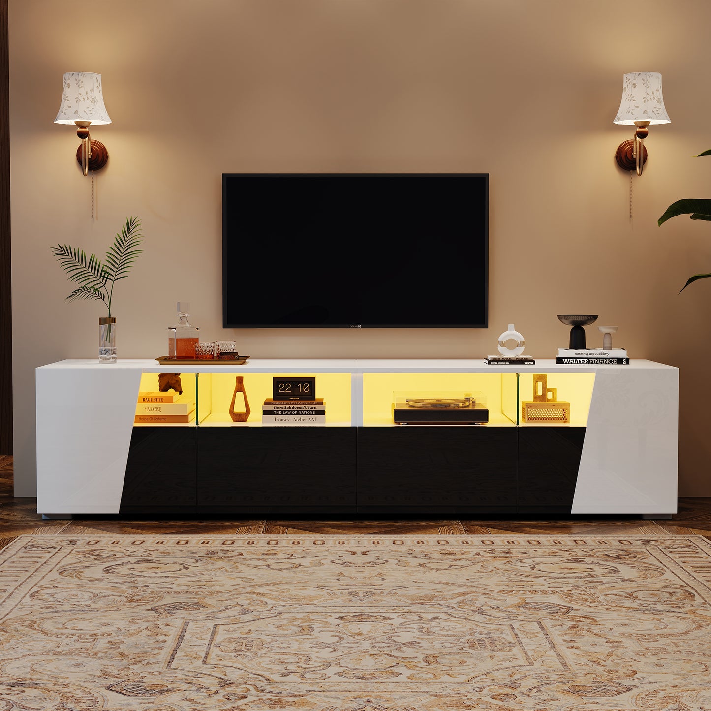 180x38.5x45cm High Gloss TV Stand, TV Cabinet With LED Lighting, Lowboard, TV Table, TV Board, TV Cabinet, 2 Drawers, 2 Wardrobes, Open Storage Bins, For 80-Inch TV, White- Black