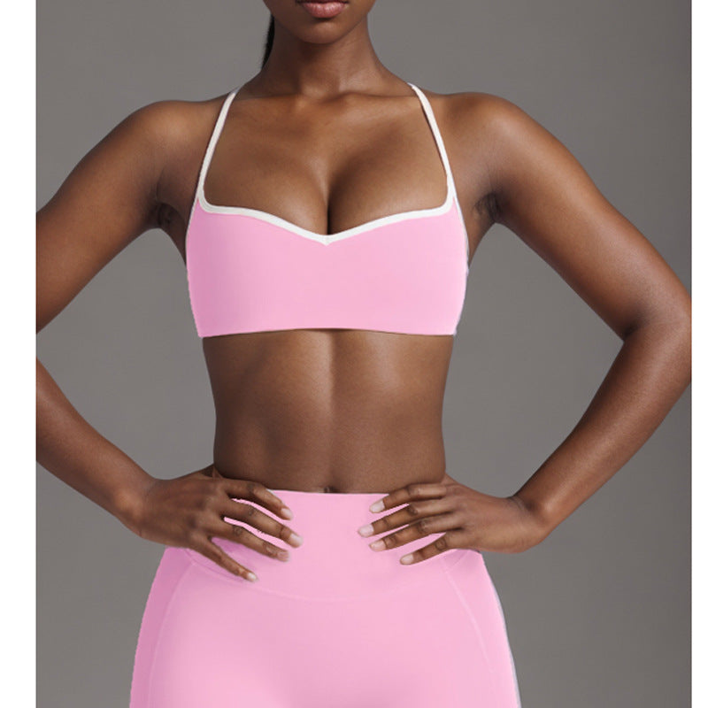 Women's Simple Nude Feel Beauty Back Exercise Contrast Color Bra Yoga Pants