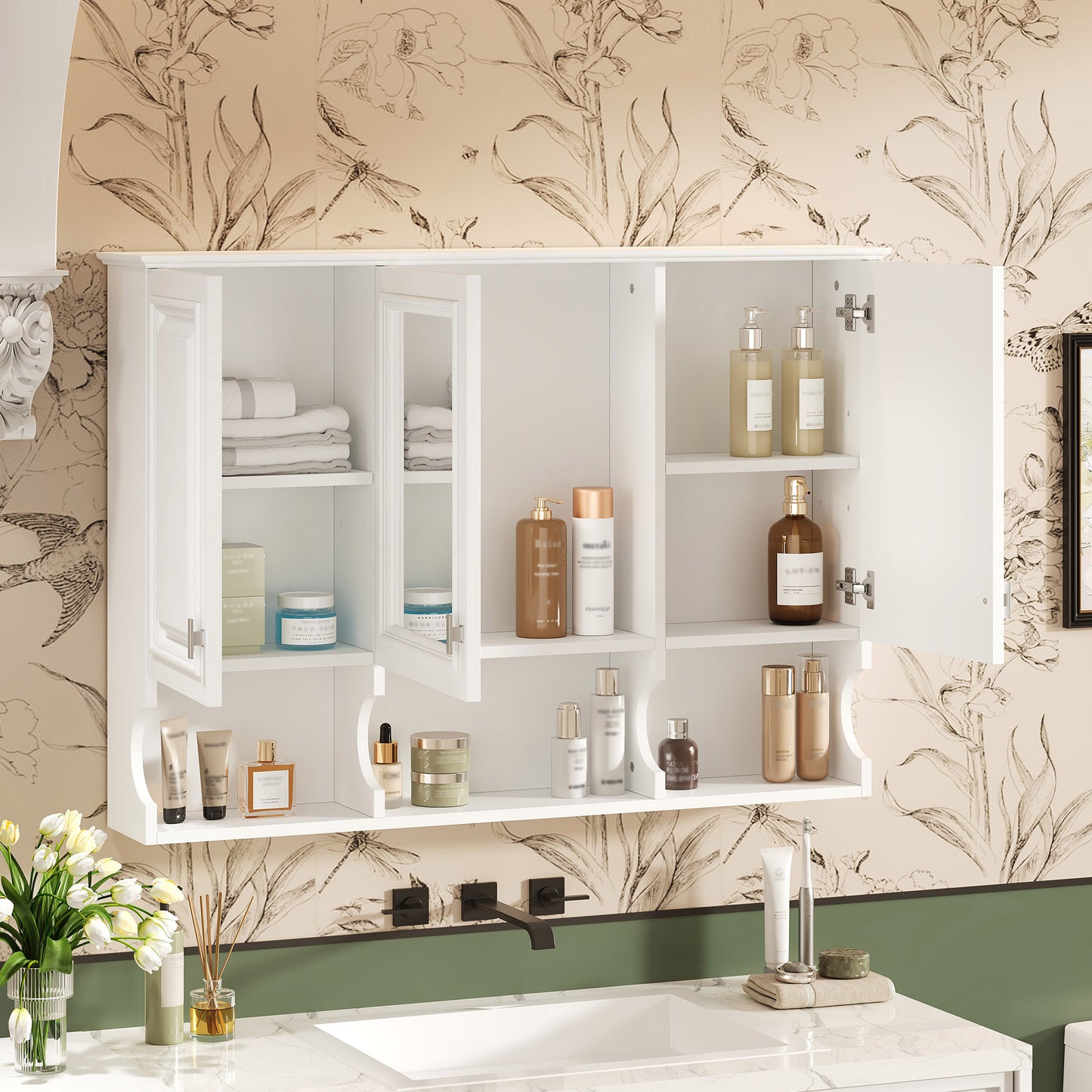 41 Inch Mirror Medicine Cabinet With Open Shelves, Wall Mounted Home Storage With Doors & Mirror, Adjustable Shelf, Bathroom Storage Cabinet Over Toilet