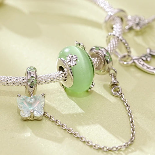 Bead Accessories 925 Silver Green Four-leaf Clover Glass Beads