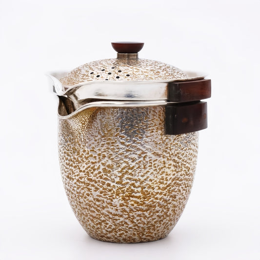 925 Sterling Silver Elegant Handcrafted Metallic Pot with Gold Speckles and Wooden Handles-Fine Tea Dispenser - Handicraft