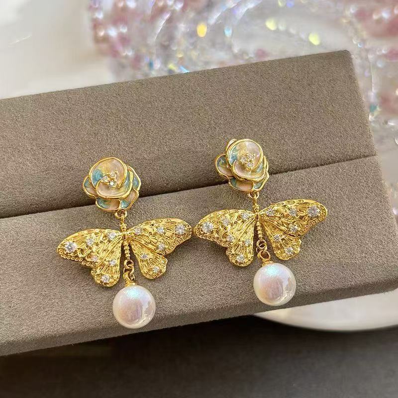 New Butterfly & Pearl Floral Earrings For Women, Enamel Glaze Drip Craft Studs, Gentle Elegant Dangle Fashion Ear Jewelry