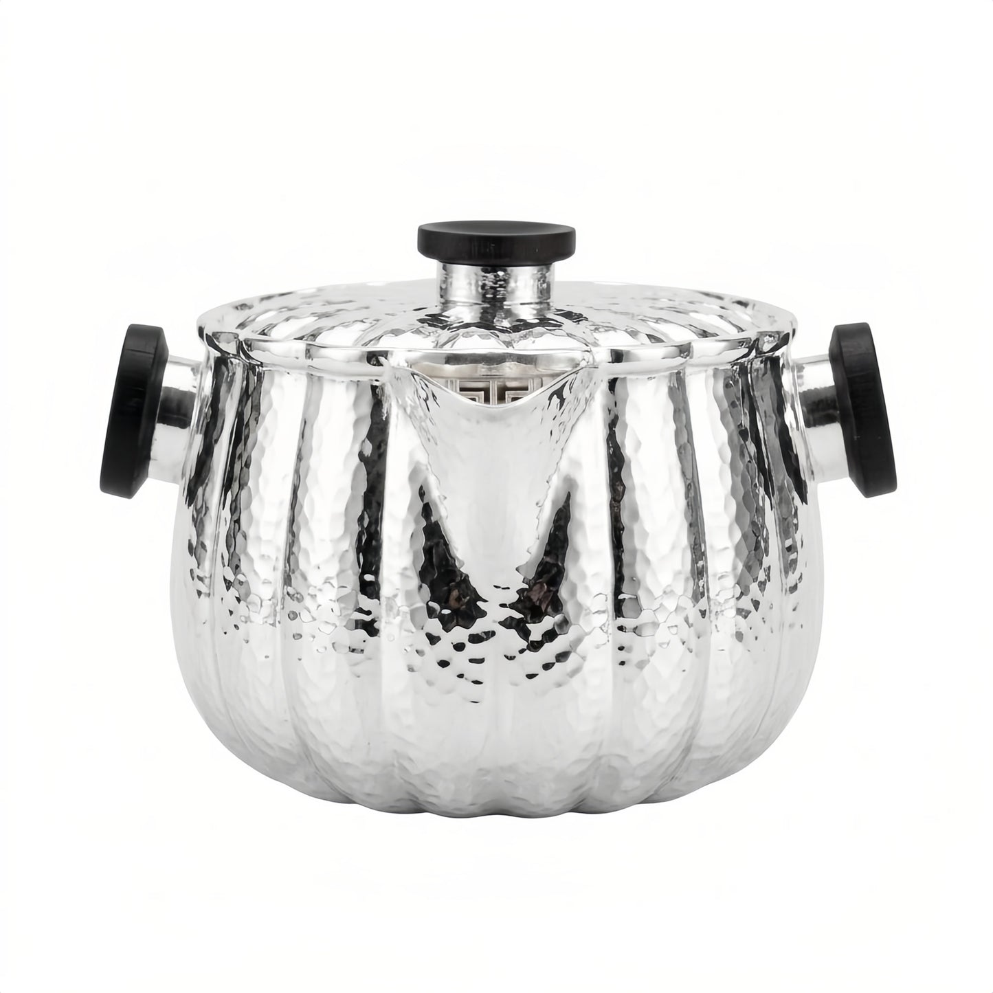 Pure 999 Fine Silver Exquisite Hammered Sterling Silver Pumpkin-Shaped Teapot with Black Handles for Elegant Tea Service - Handicraft
