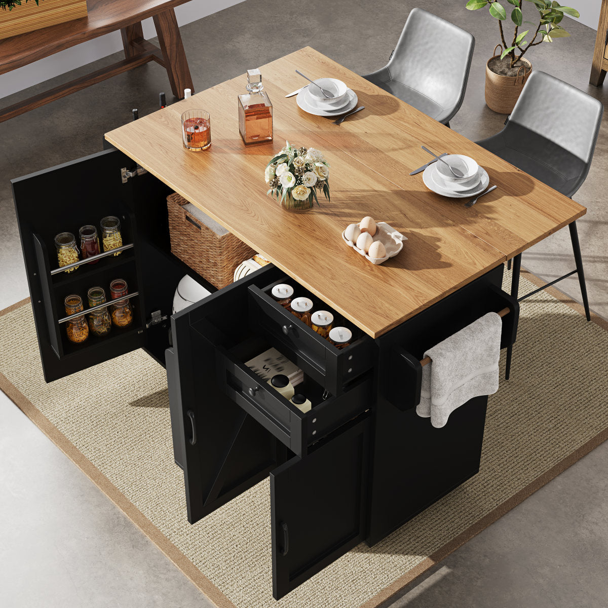 Modern Kitchen Island, Kitchen Cabinet, Sideboard, Food Trolley With Wood Grain, Buffet Cabinet, Multifunctional Dining Table With Storage Space, Food Trolley With Snack Shelves, Black