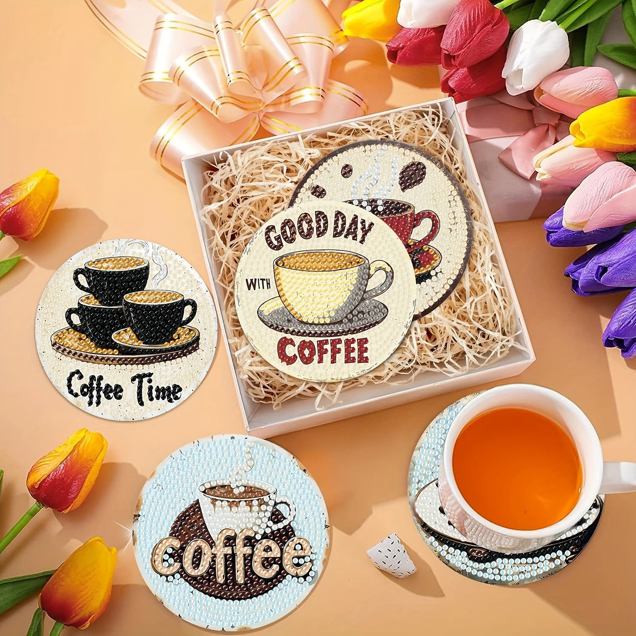 Diamond Art Drawing Coaster With Bracket, DIY Coffee Pattern Diamond Art Coaster, Suitable For Adults And Beginners Diamond Drawing Kit, Diamond Kit Craft Supplies, Exquisite Gifts For Friends