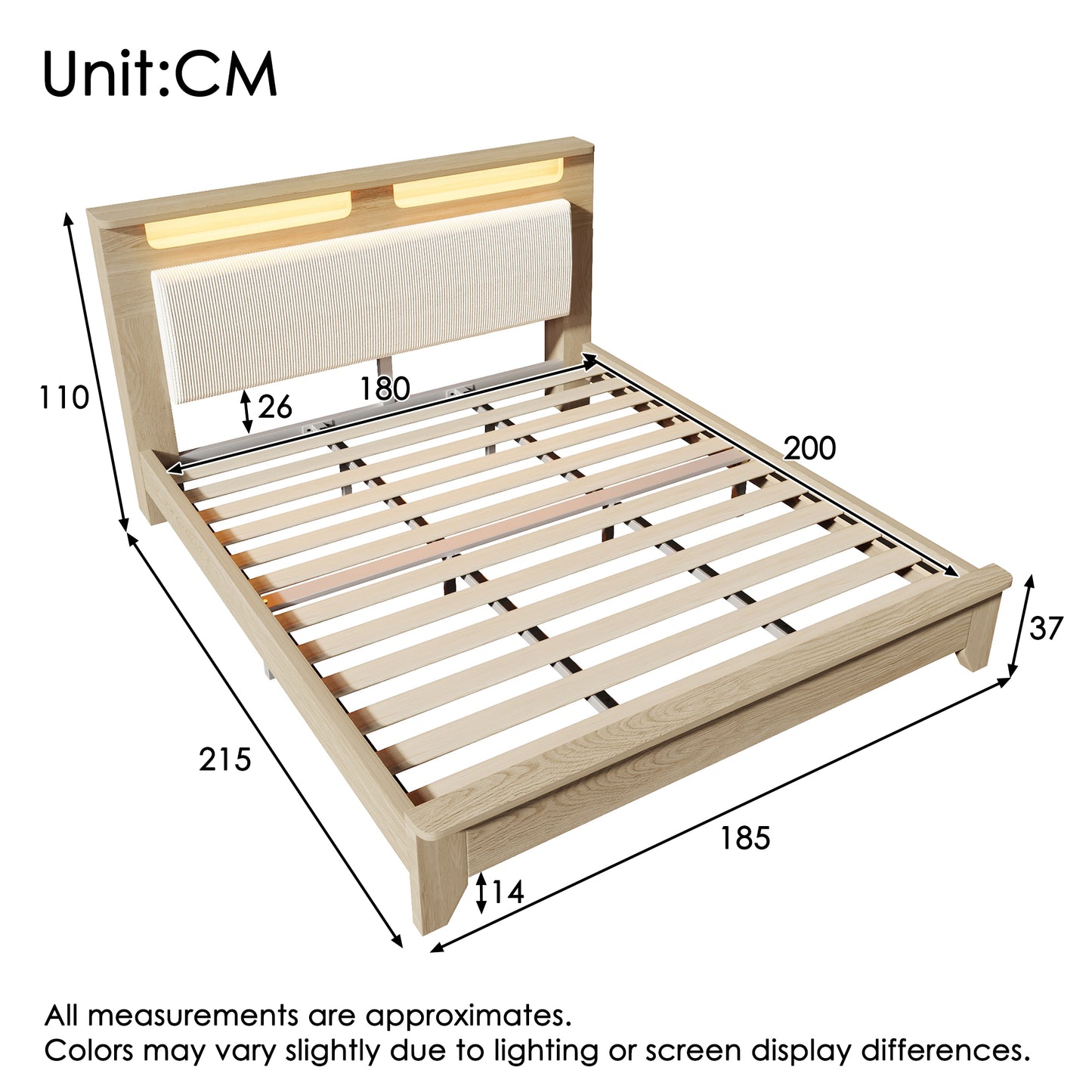 Double Bed Wooden Bed 180X200cm, Headboard With Storage Space, LED Lighting And Beige Corduroy Upholstered Backrest, Bed Frame With Wooden Slats, Light Oak Without Mattress & Bench