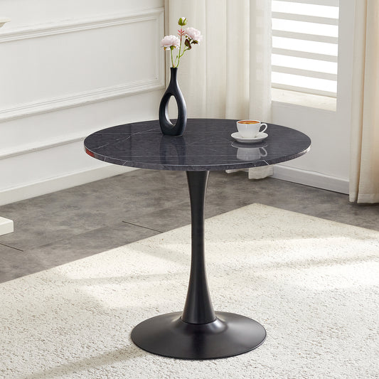 Round Dining Table, 31.5in Circle Tulip Table With Thickened Tabletop & Metal Pedestal, Mid Century Modern Bistro Table For Kitchen, Small Places, Living Room, Cafe  Faux Marble
