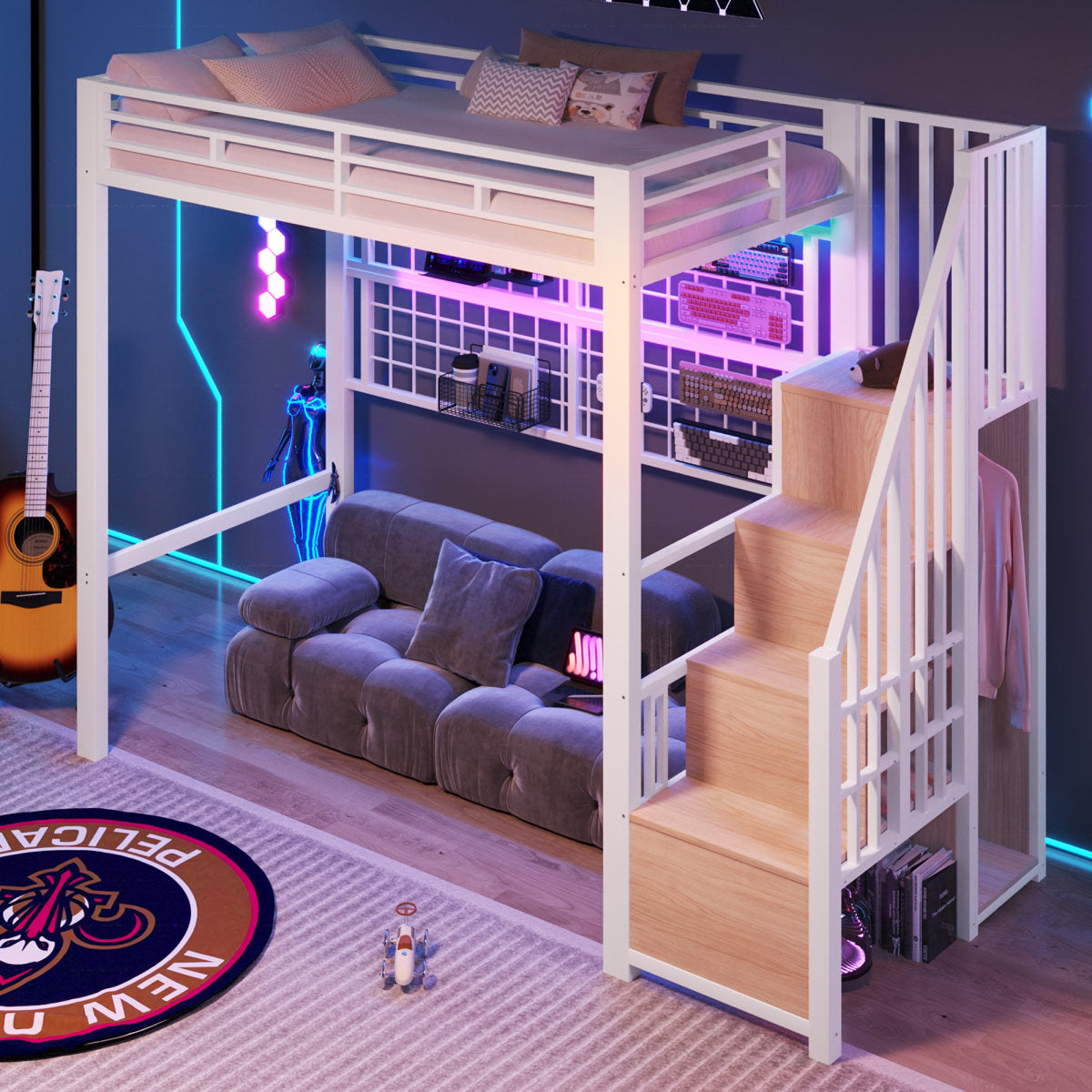 Loft Bed, 90 X 200cm, Iron Frame, Wardrobe, Storage Ladder, Grid For Hanging Objects, Open Space Under The Bed, 7-colour LED Lights, Without Mattress, White