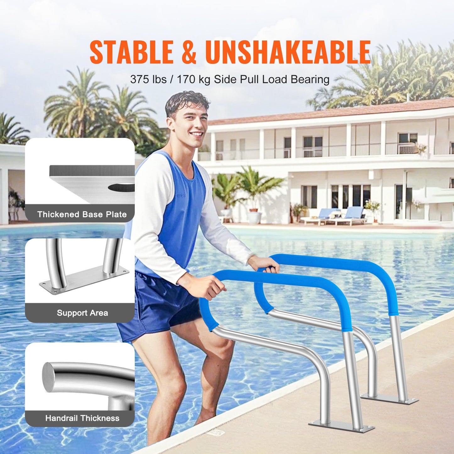 Pool Handrail, 32 X 23 Inch Pool Railing, Stainless Steel With Base Plate For Indoor/Outdoor Pools,Swimming Pool Safety Railing For Decks,Rust-Proof Grab Bar W/Grip Cover&Accessories For Spas