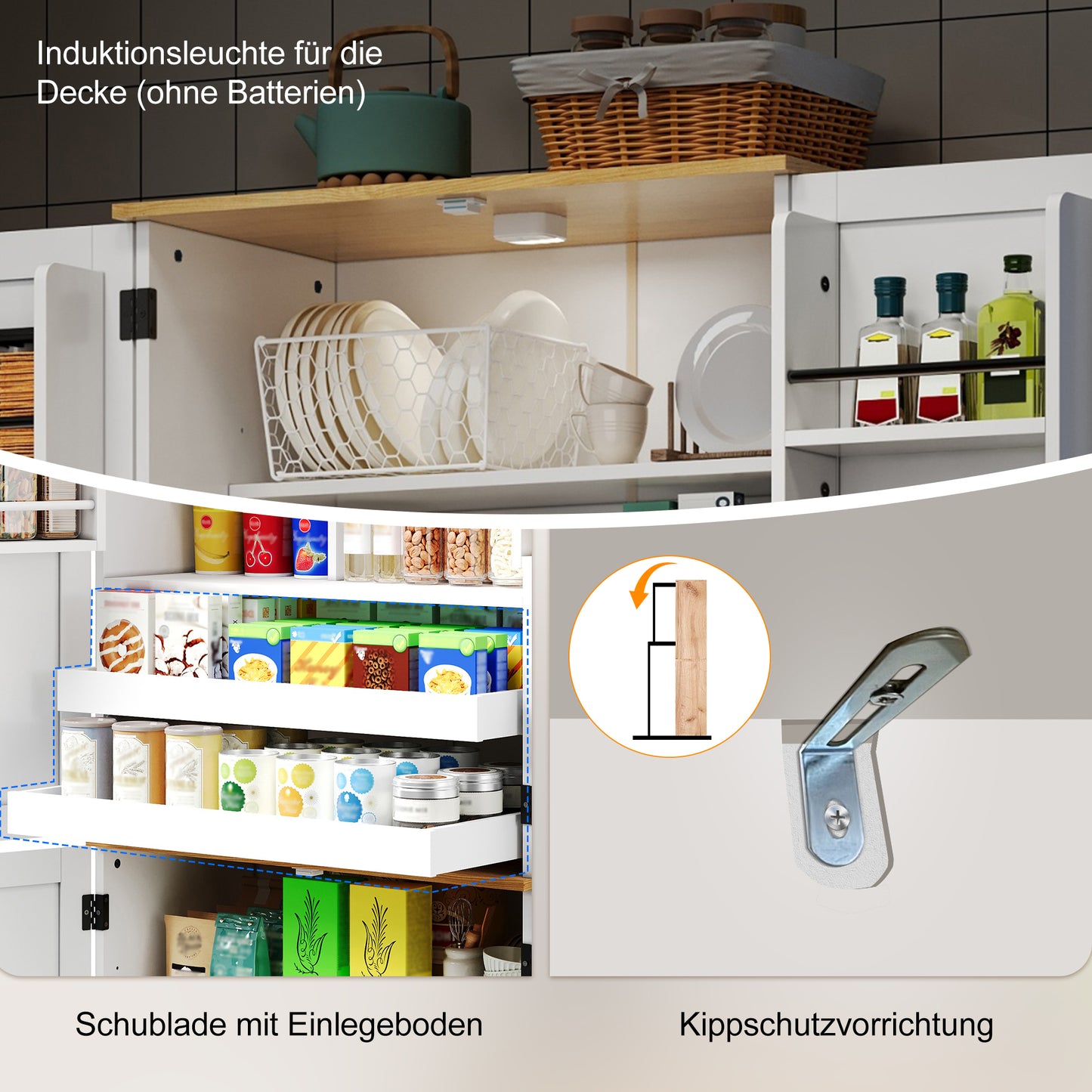 Kitchen Cabinets, Tall Cabinets And Storage Cabinets With Motion Sensor, Adjustable Shelves, Shelves On The Doors And Drawers, Suitable For Kitchen, Dining Room And Living Room, White