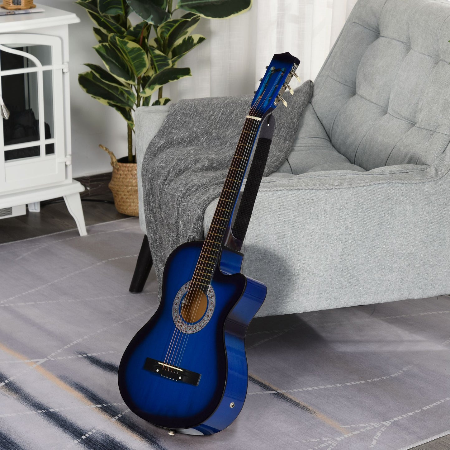 38 Inch Full Size Acoustic Electric Guitar, Classical Beginner Junior Adult Guitar Gloss Finish With Carrying Case, Strap, Picks, Spare Strings - Blue
