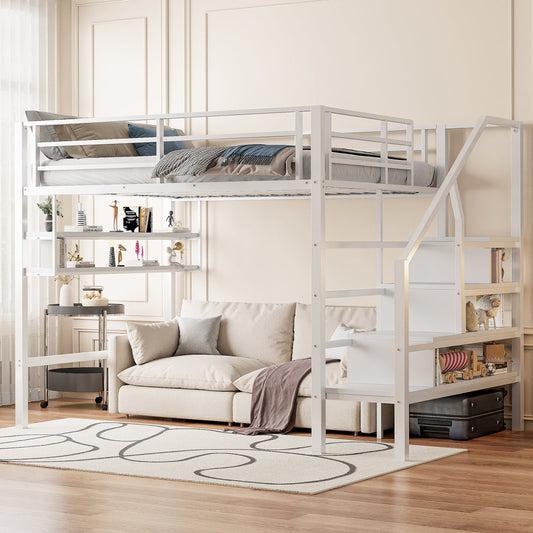 Loft Bed, 140x200cm, Shelves, Storage Ladder, Free Space Under The Bed For Dressing, Railing, Without Mattress, White