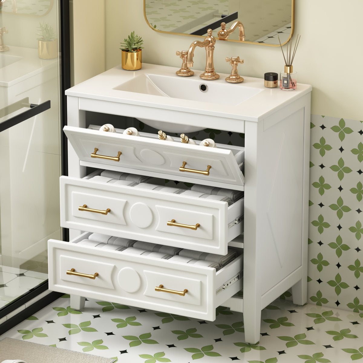 30'' Bathroom Vanity with Ceramic Sink Combo, Free Standing Single Vanity Set with 3 Drawers, Solid Wood Frame Bathroom Storage Cabinet, White