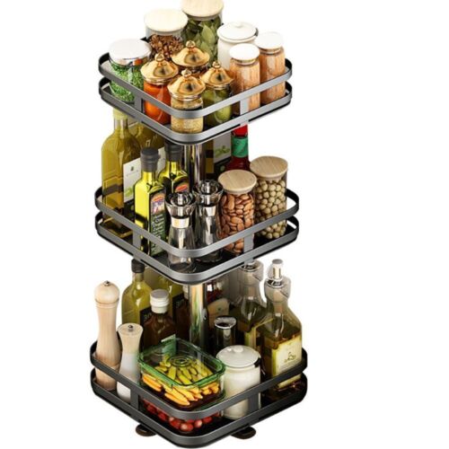 Square Rotating Kitchen Storage Spice Organiser Rack Pantry Bathroom Black