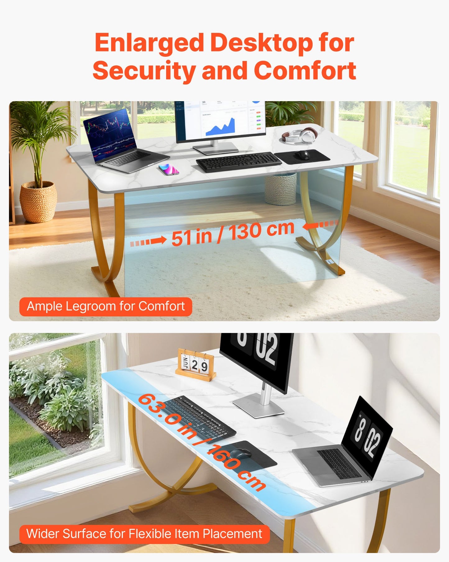 Executive Desk, 63" W X 31.5" D Large Office Desk, Modern Computer Table Conference Meeting Room Table, Business Furniture Enlarged Desktop For Home Office, White And Gold