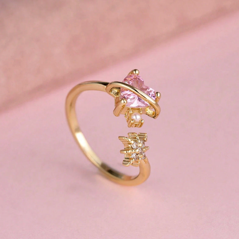 Sweet Heart Pearl Ring For Women, Ins Stylish Luxury Ring, Sparkling Elegant Gentle Fashion Band