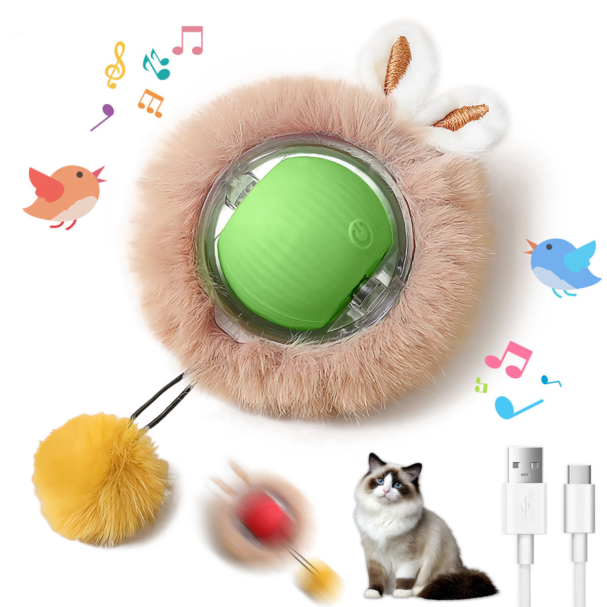 Interactive Toys Ball For Cats, Dog,Agile Moving Cat Ball ,Motion Activated Automatic Moving Ball With Lights,with Fluffy Tail And Bunny Ears For Indoor Pets