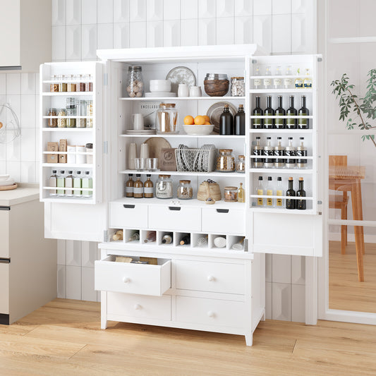 TOPMAx Freestanding Large Kitchen Pantry Wooden Kitchen Storage Cabinet Cupboard With 8 Door Shelves 3 Adjustable Shelves 7 Drawers& 8 Wine Racks  White