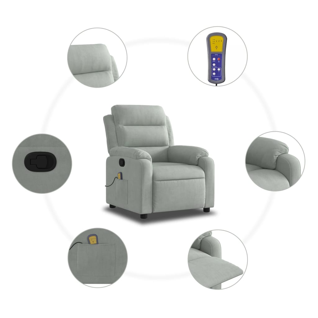 Massage Recliner Chair, Light Grey Velvet
