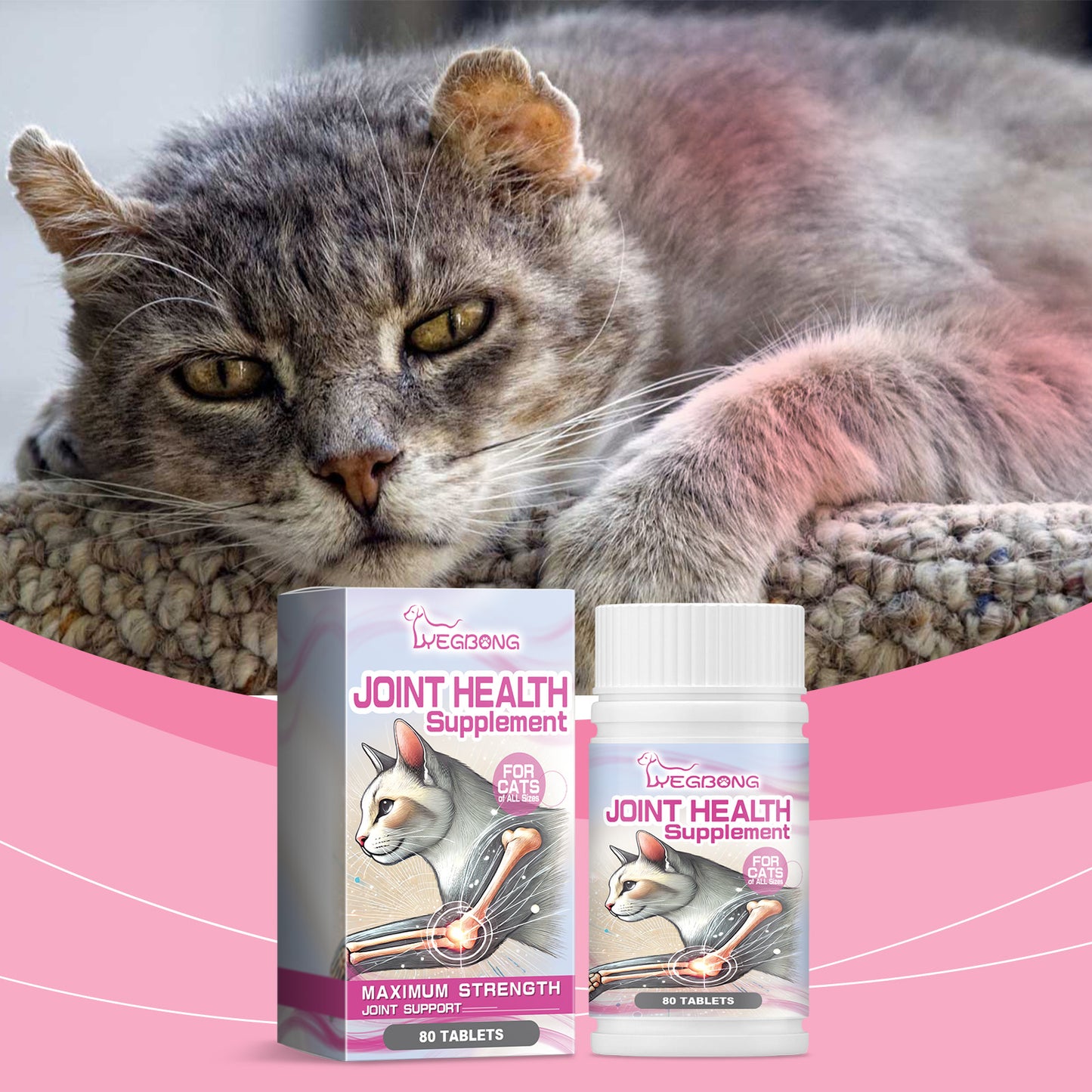 Cat Joint Health Support Tablets, Glucosamine Joint Supplement For All Breeds & Sizes Cats, 80 Count Joint Care Chewable Tablets To Relieve Joint Discomfort