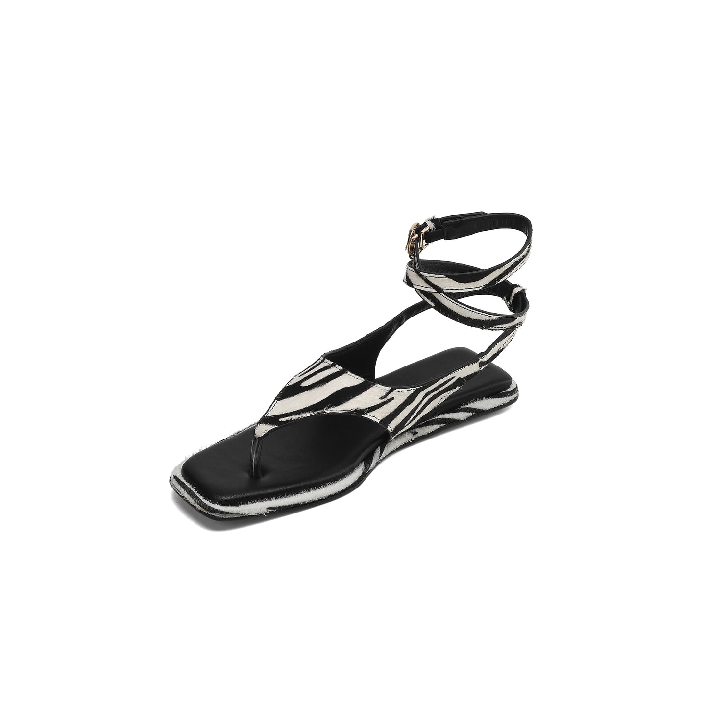 Women's Zebra Print Calf Hair Flat Sandals, Handmade Leather Thong Ankle Strap Shoes