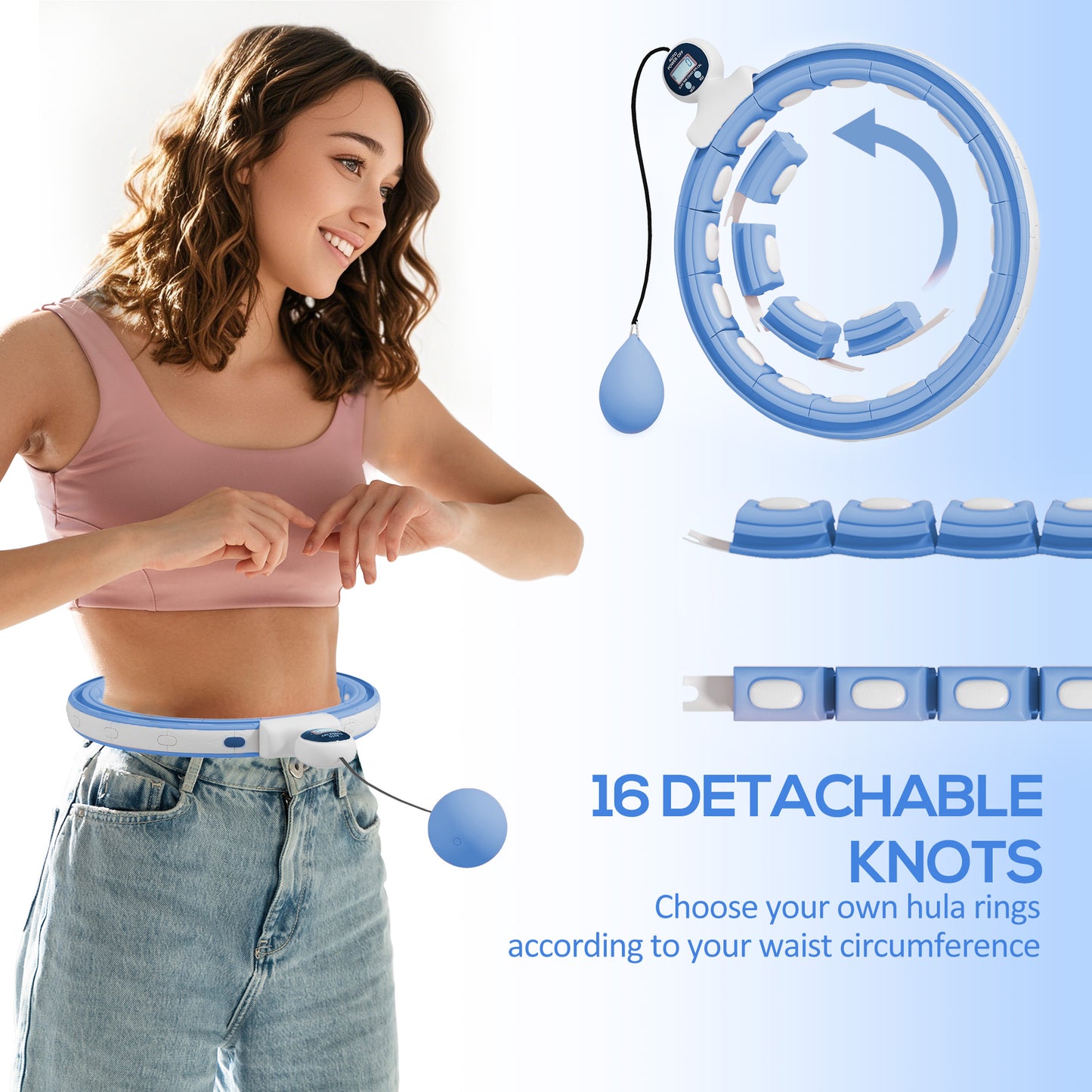 SPORTNOW Smart Weighted Hula Hoop, Massage Hula Ring W16  Detachable Knots, 360Auto-Rotating Ball, Digital Counter Light Blue
