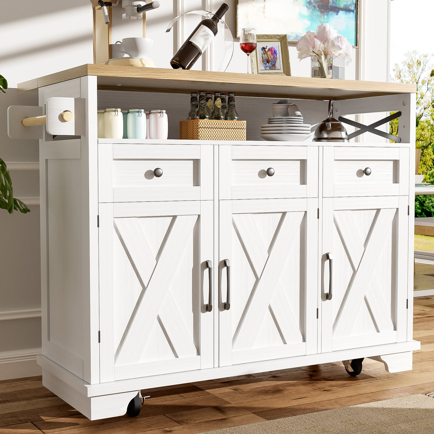 Modern Kitchen Island  118x43x98cm Kitchen Cabinet Dining Cabinet With Wood Grain Dining Trolley On Castors With Multifunctional Storage Space, Removable Dividers, With Towel Rail, White