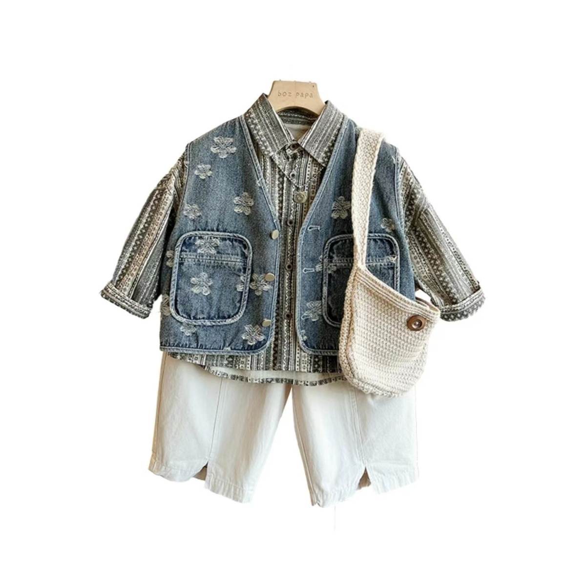 New Korean-style Retro Washed Embroidered Denim Vest Floral Shirt And Pants Set
