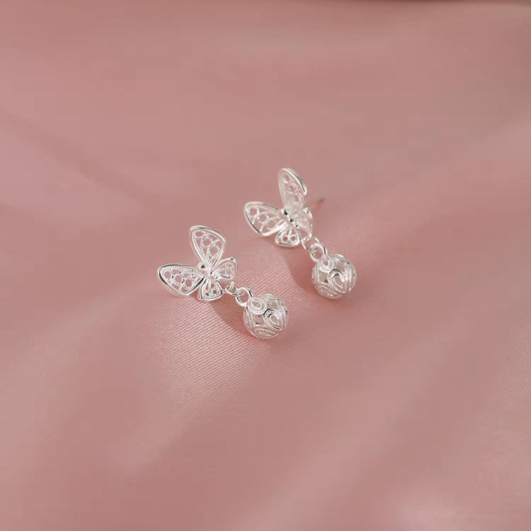 1 Pair 999 Sterling Silver Filigree Hollow Butterfly Palace Bell Stud Earrings, Retro & Elegant, Perfect For Daily, Dating & Gifting, Ideal Valentine's Gift