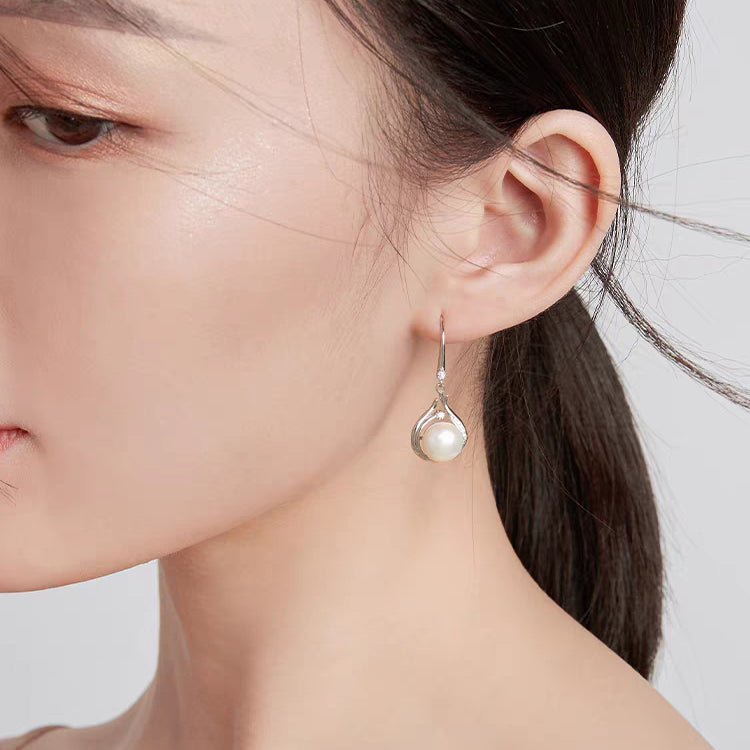 1 Pair 999 Sterling Silver Zircon Flame-shaped Pearl Drop Earrings, Elegant & Slimming, Perfect For Daily, Party & Dating, Ideal Valentine's Gift