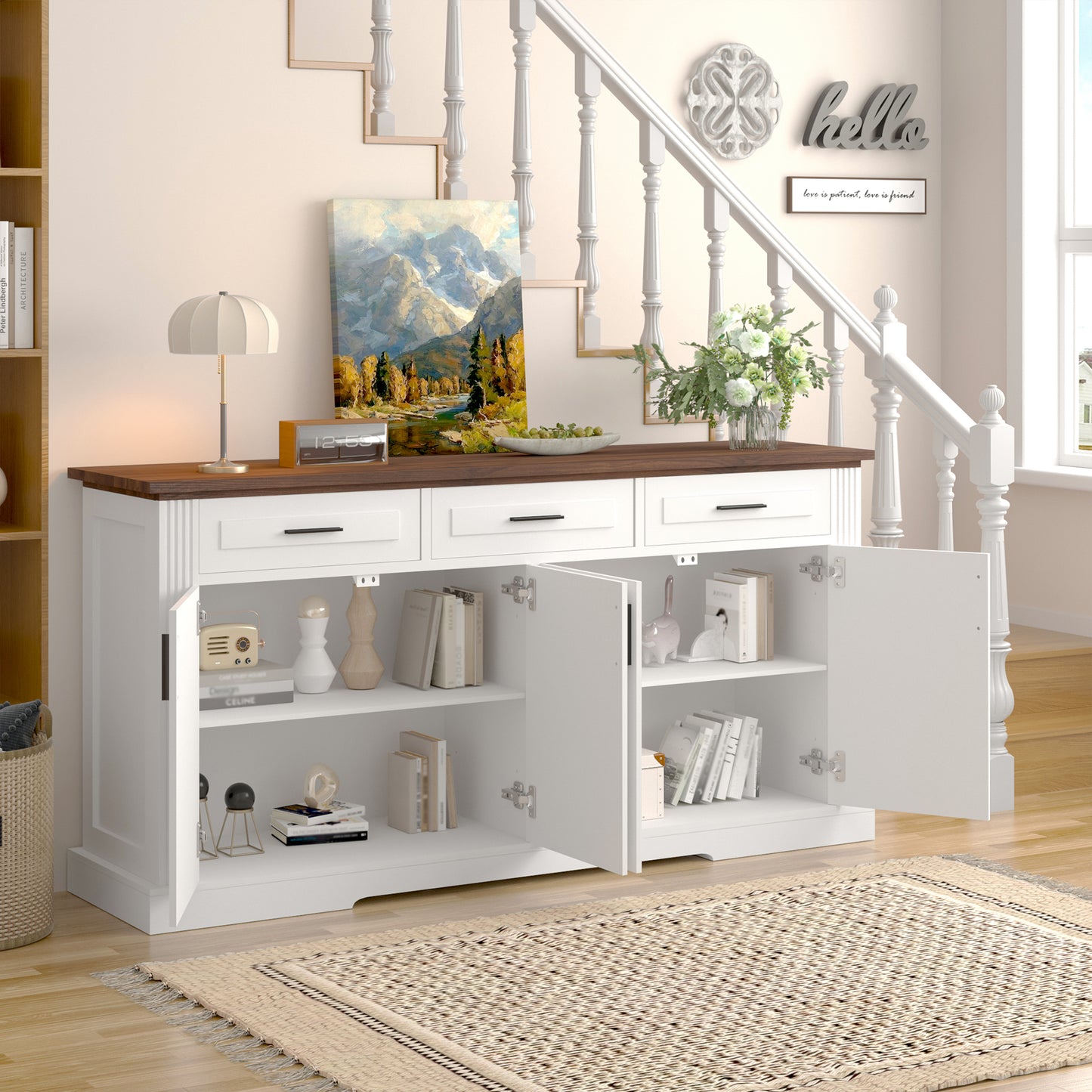 63  Fluted Sideboard Buffet Cabinet With Storage, Modern Coffee Bar Station With 4 Doors And 3 Drawers, Kitchen Storage Console Table For Living Room Dining Room Entryway, White