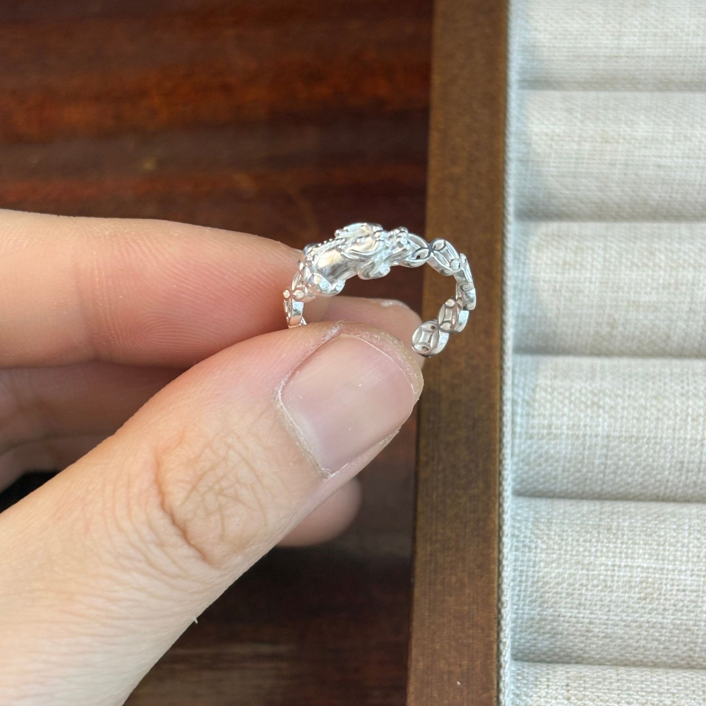 1pc 999 Sterling Silver Pixiu Coin Chain Open Ring, Lucky Retro Style, Perfect For Daily Wear And Holiday Gift