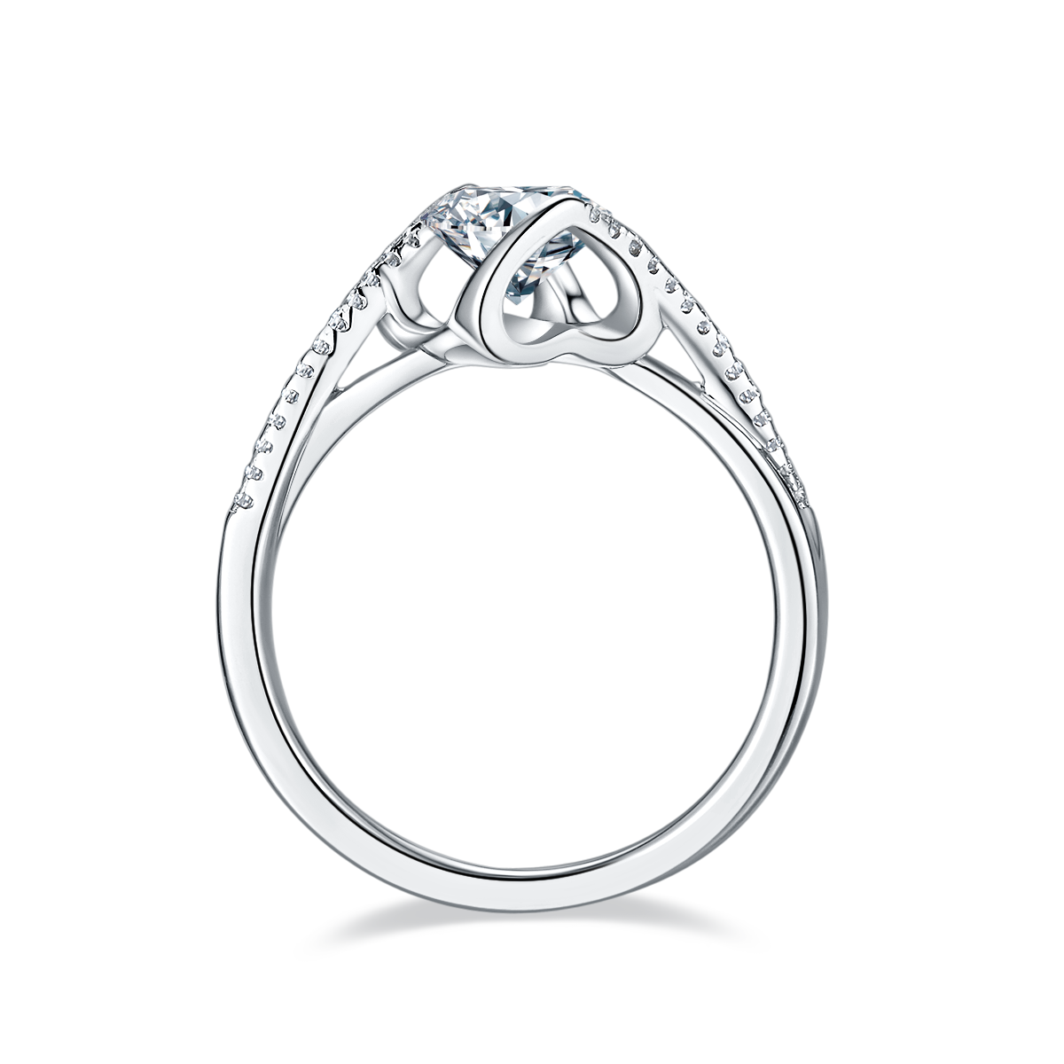 S925 Sterling Silver 1ct Moissanite Engagement Ring, D-VVS1 Round Cut With Heart Setting & Pave Band, Platinum Plated, US Sizes 5-9, GRA Certificate Gift Box