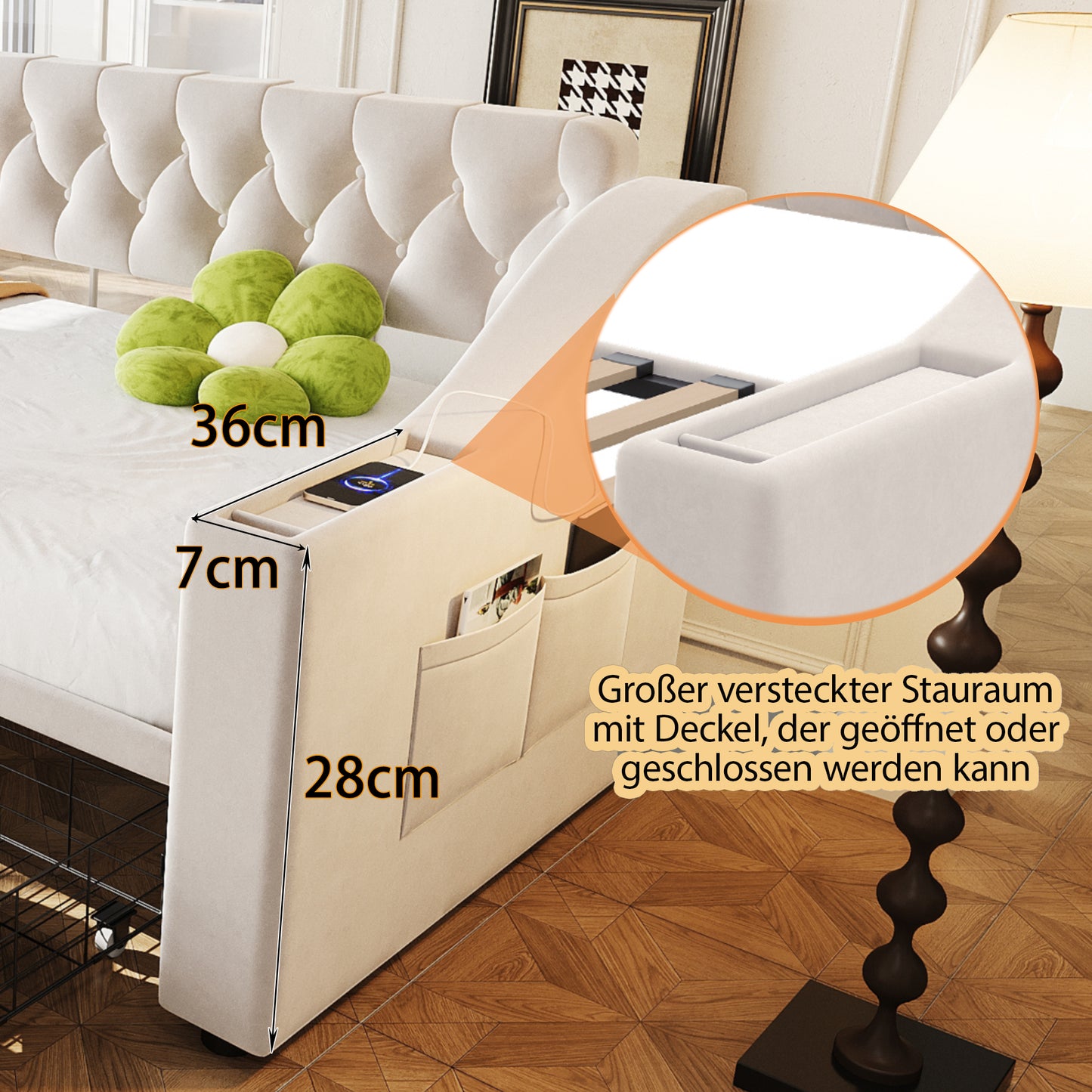 Upholstered Bed Sofa Bed 90x190 Cm, Wider And Thicker Armrests With USB Charging Port, Integrated Shelf In The Armrests, With Storage Pockets, With Storage Drawer, Velvet Fabric, Beige