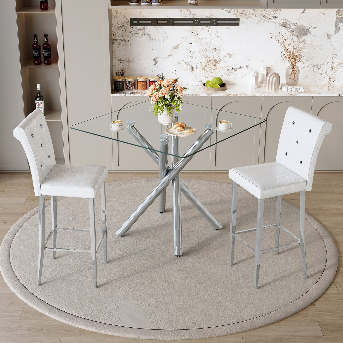 Modern Glass Bar Table And Fixed-Height Bar Stools Set Of 2, Contemporary Counter Height Pub Table With Chrome Legs, White PU Leather Bar Chairs For Kitchen Island, Home Bar, Small Space  3 Packages