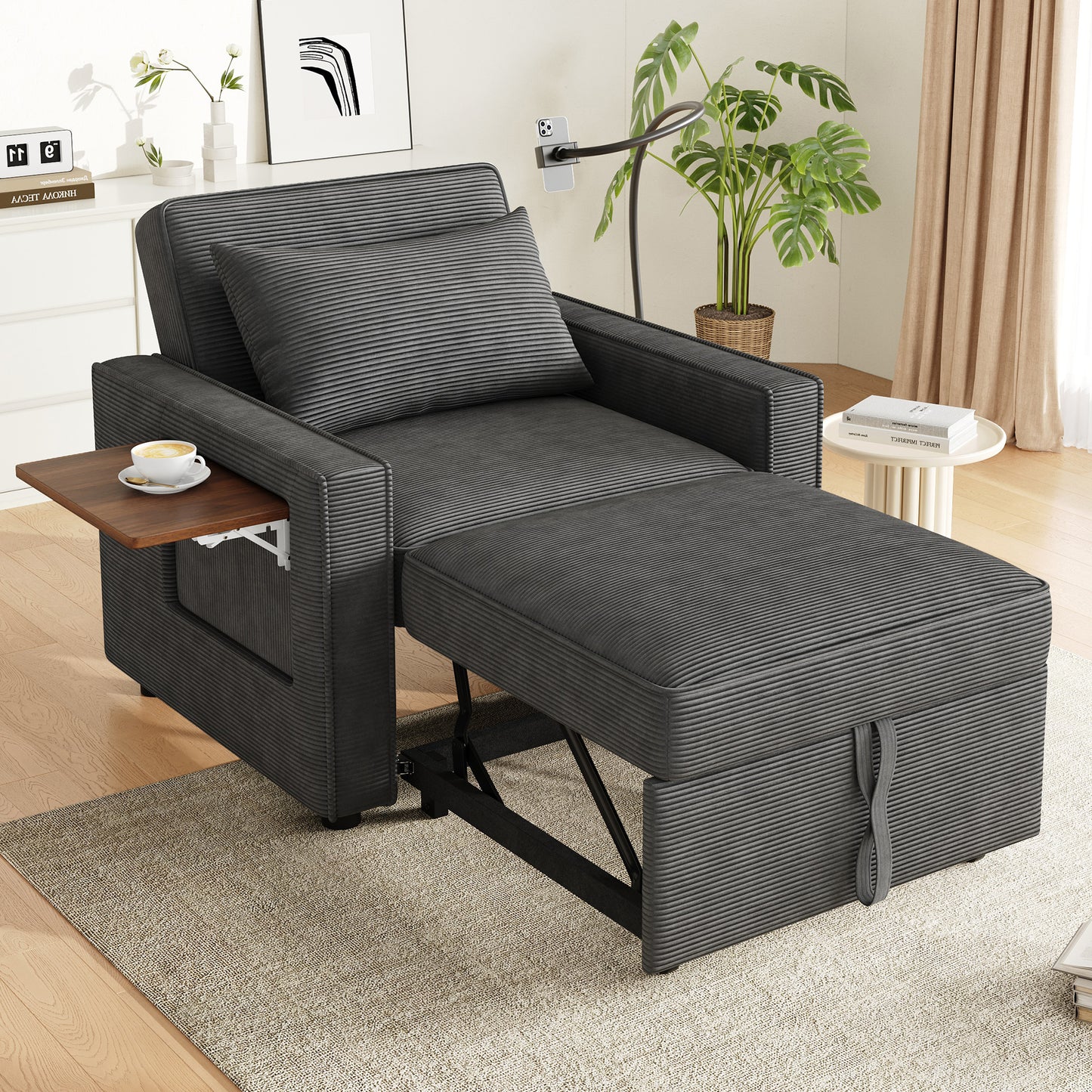 Multifunctional Foldable Sofa Bed With USB Charging Port And Mobile Phone Holder, 1 Seater Recliner Sofa Bed Convertible, Space Saving For Living Room And Bedroom, Corduroy Fabric, Gray