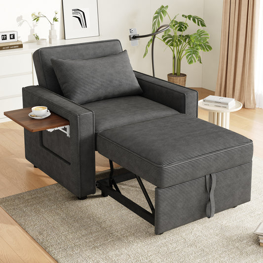 Multifunctional Foldable Sofa Bed With USB Charging Port And Mobile Phone Holder, 1 Seater Recliner Sofa Bed Convertible, Space Saving For Living Room And Bedroom, Corduroy Fabric, Gray