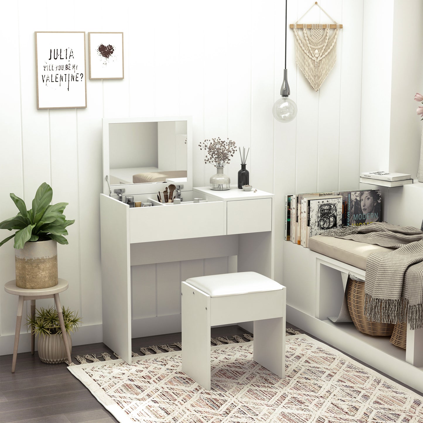 Makeup Desk With Drawer, Vanity Table Set With Flip-up Mirror And Cushioned Stool, White