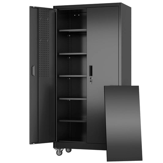 Aobabo Metal Storage Cabinet With Wheels And Door Pegboard Garage And Business Storage For Tools And Office Supplies 5 Adjustable Shelves, Lockable Black Cabinet