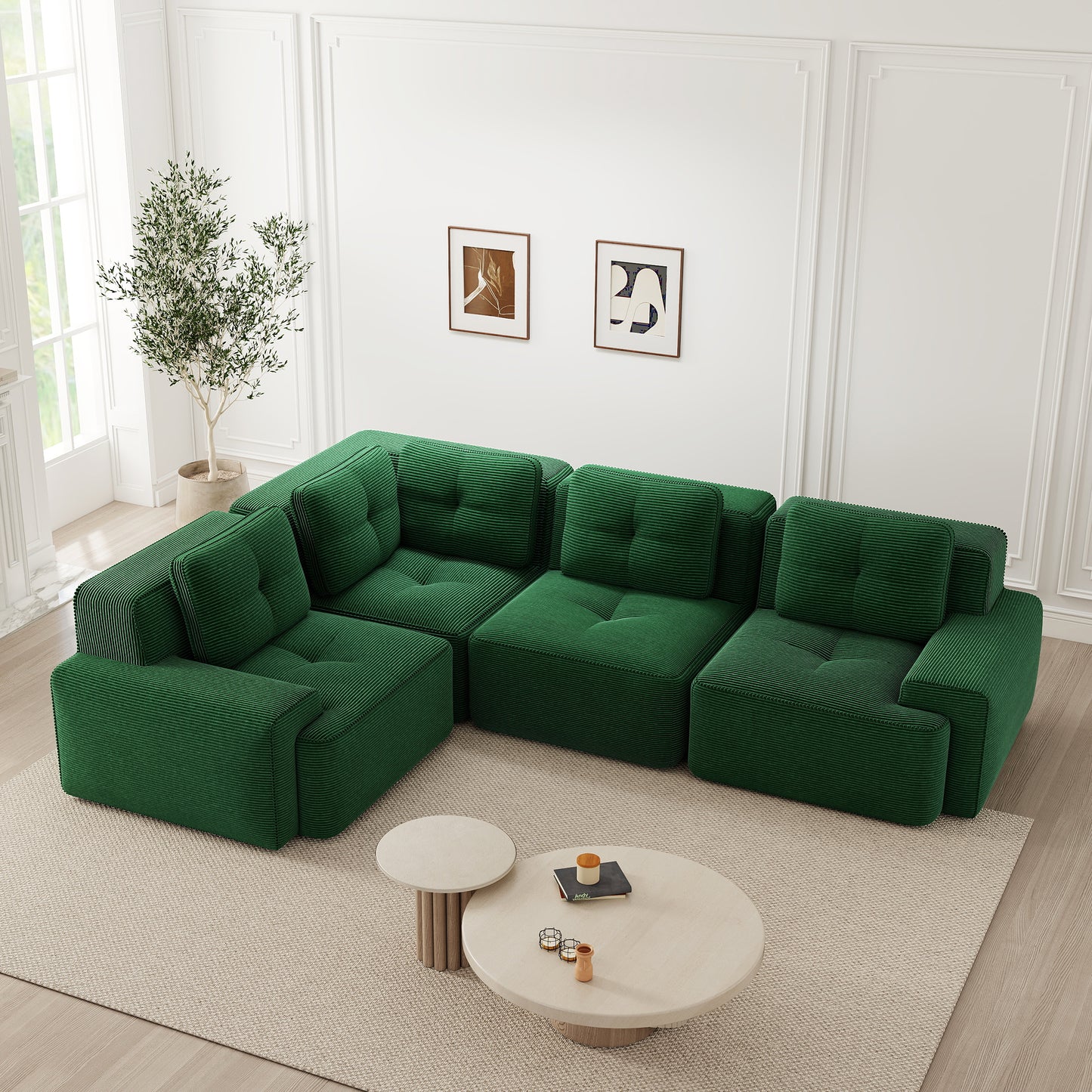 Frameless Sofa For Living Room, Office Sofa, Modular Combination Sofa, Comfortable Upholstered Corduroy Fabric Low-seat Sofa, No Assembly Required, Non-slip Design.Green