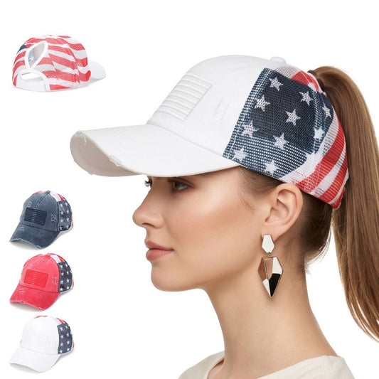 American Retro Brushed-hole Printed Flag Baseball Cap For Summer Outdoor Wear, With Ponytail Netting And A Floppy Brim