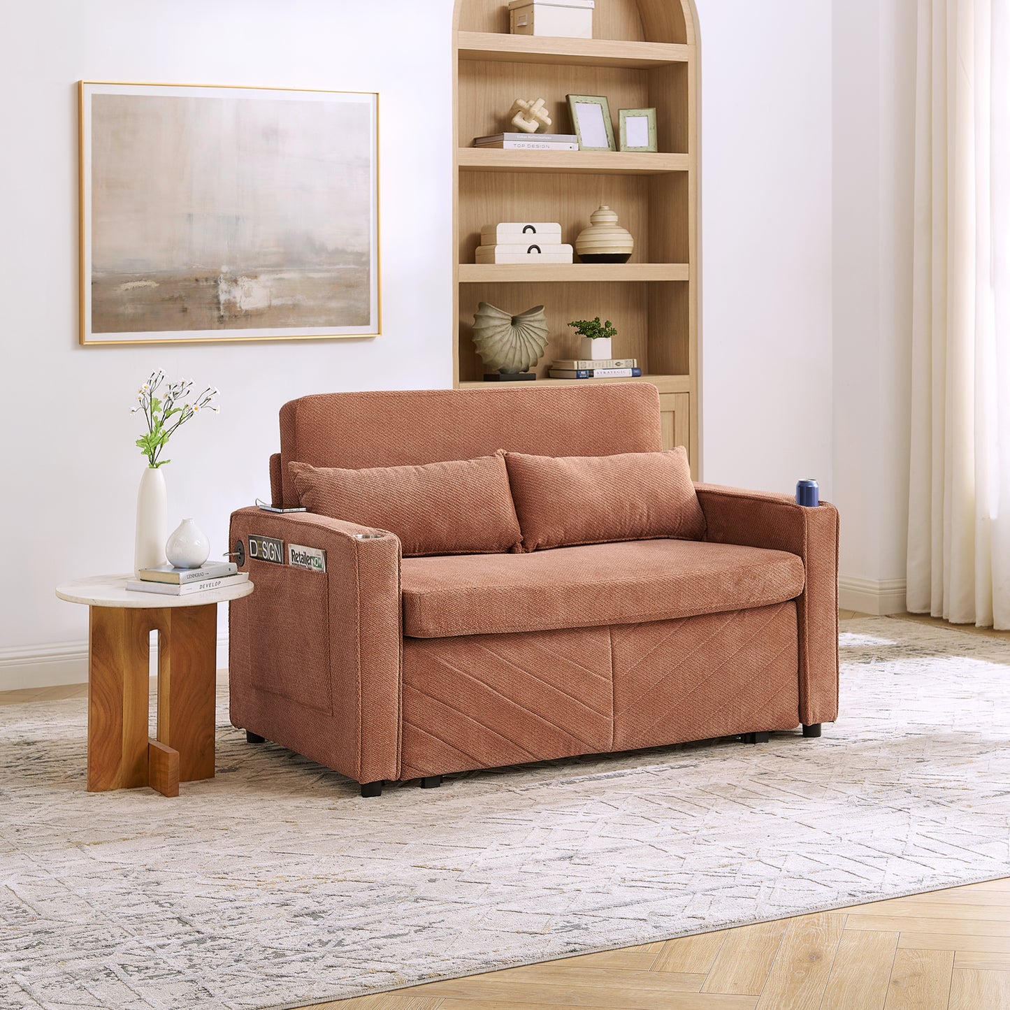 3-in-1 Minimalist Grand & Elegant Light Luxury 2-Seater Sofa Bed, Slide-to-Transform Design, USB Charging, Perfect For Napping, Orange