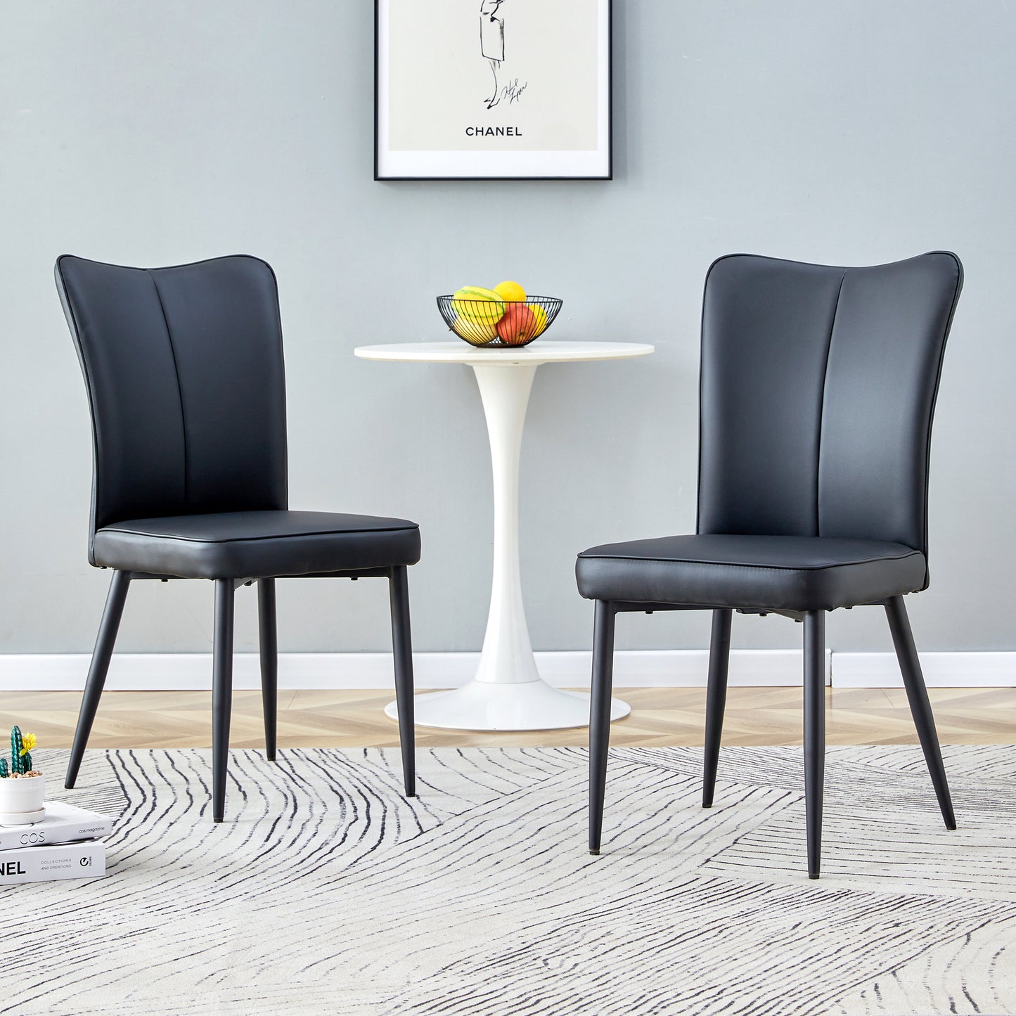 2 Pure Black, Modern Designed Dining Chairs, Available In Several Colors, 89 Cm High, Black PU Chair Sets, Suitable For Office, Restaurant, Etc.